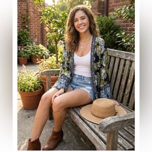 Free People Floral Kimono Shirt Jacket/Cardigan- Gray and Green